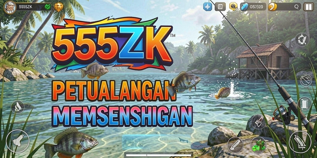 Screenshot gameplay 555ZK menampilkan momen seru saat menangkap ikan.