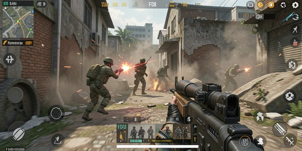 Screenshot gameplay F08 yang menunjukkan aksi tembak-tembakan intens.