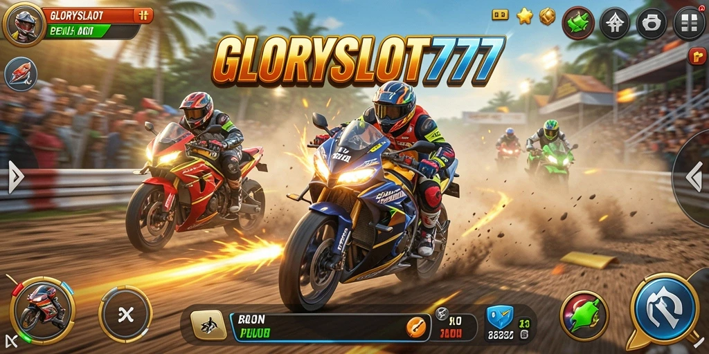 Tampilan gameplay seru dari GLORYSLOT777 saat balapan motor.