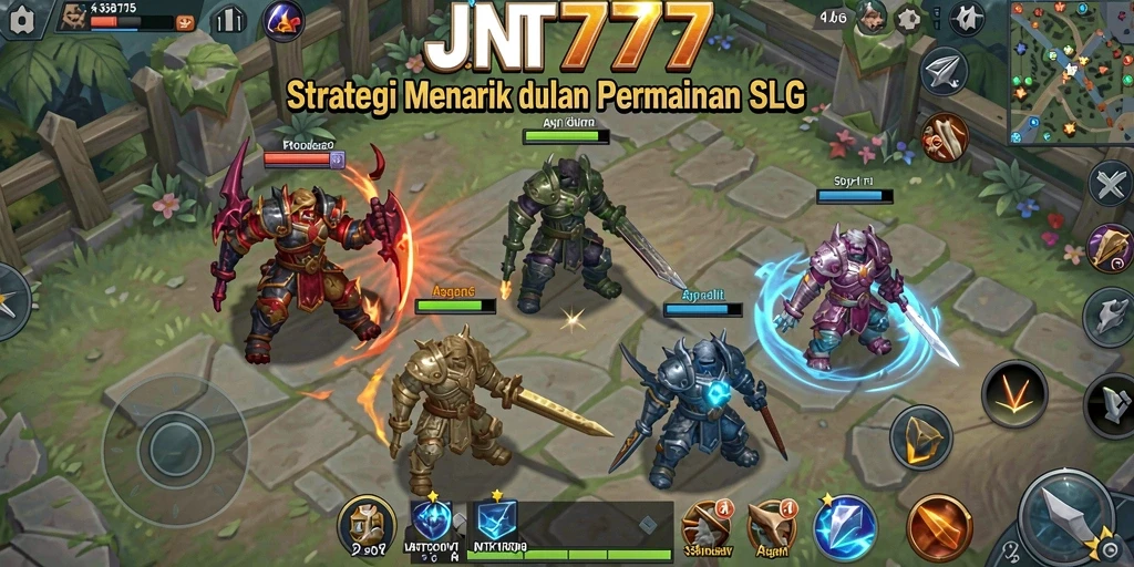 Screenshot utama JNT777 menampilkan aksi pertempuran strategi yang intens.