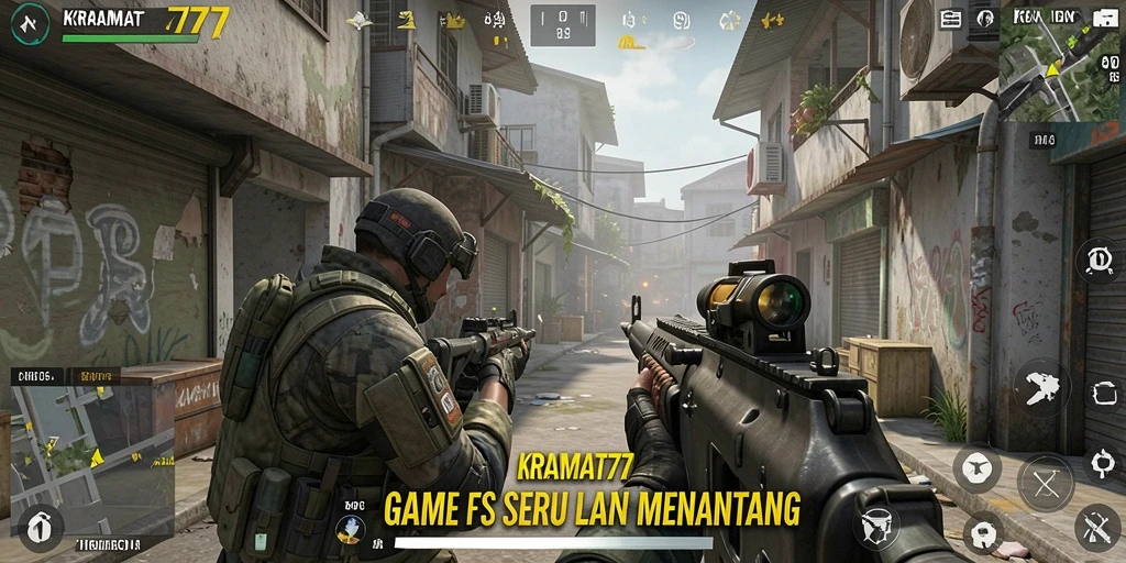 Tampilan gameplay intens di KRAMAT77 menunjukkan aksi tembak-menembak yang seru.