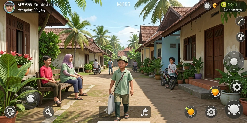 Tangkapan layar menunjukkan pemain berinteraksi dalam permainan simulasi kehidupan.