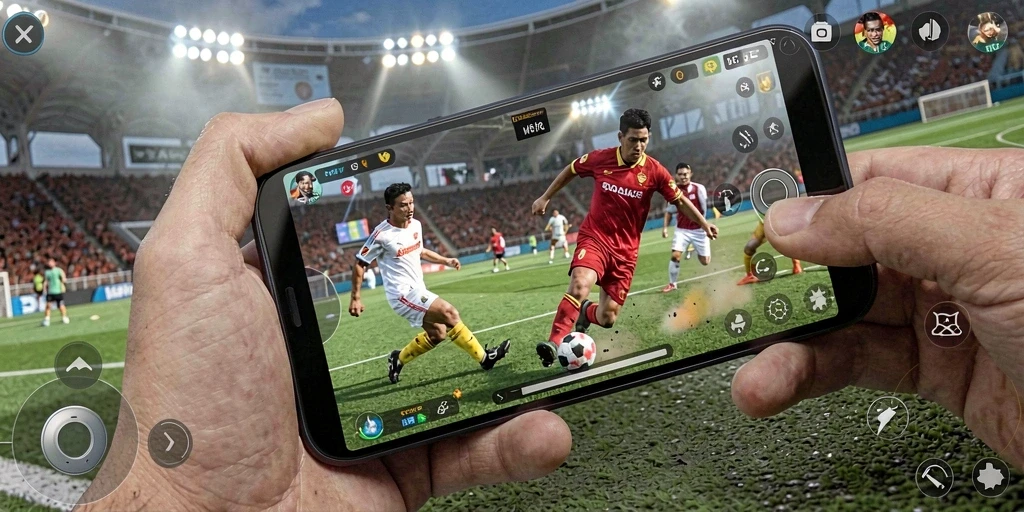 Tampilan gameplay MT966 dengan aksi sepak bola yang mendebarkan.