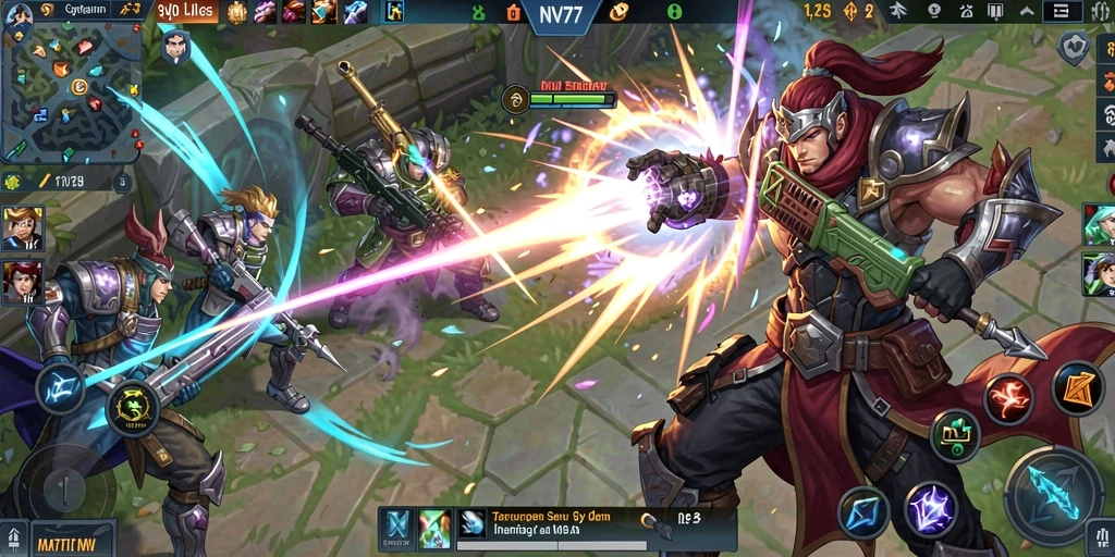 Screenshot gameplay NV77 menampilkan pertarungan epik karakter MOBA.