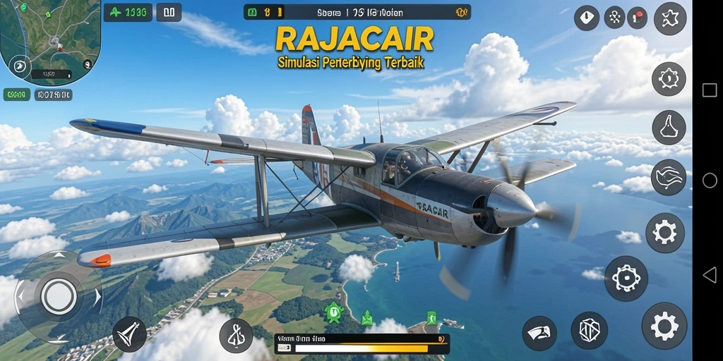 Screenshot gameplay RAJACAIR menampilkan pesawat terbang di langit biru yang indah.