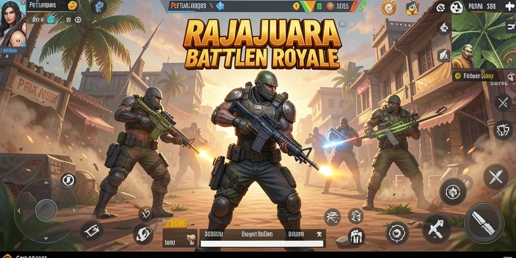 Screenshot gameplay RAJAJUARA menampilkan aksi seru di arena Battle Royale.