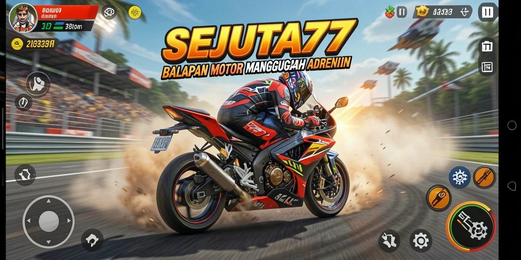 Gameplay seru SEJUTA77 saat balapan motor di trek menantang.